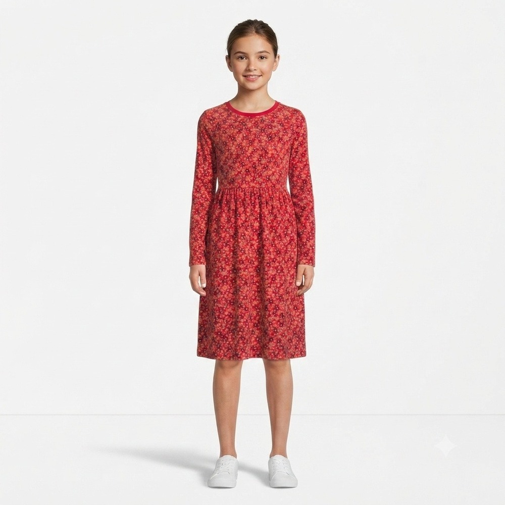 Lands End Drrss Girls 14 Red Floral Long Sleeve Empire Waist Knit